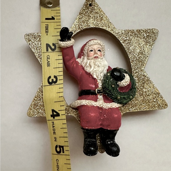 Gold Glitter Star Christmas Ornament with Santa Holding Wreath - Picture 5 of 6